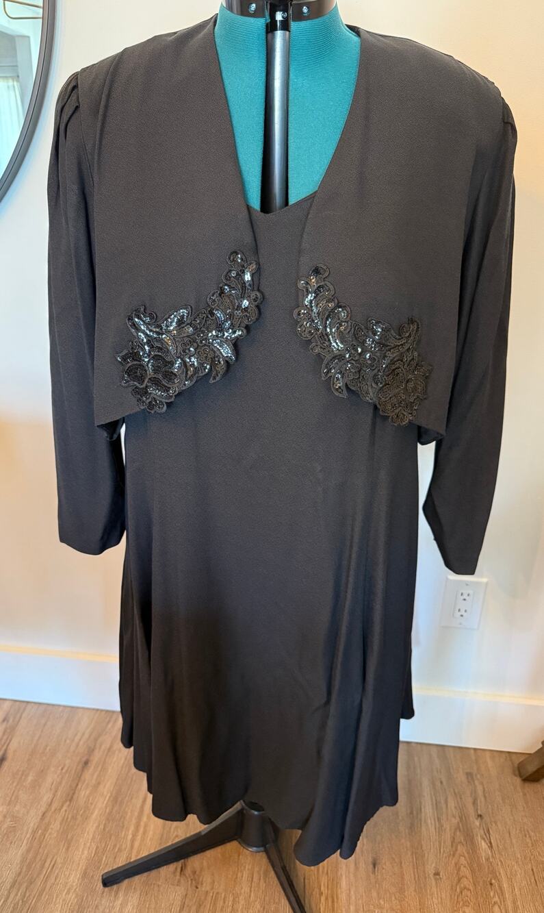 Vintage David Rose 2 Piece Dress Jacket Set Knee Length Sequin Black Size 24W